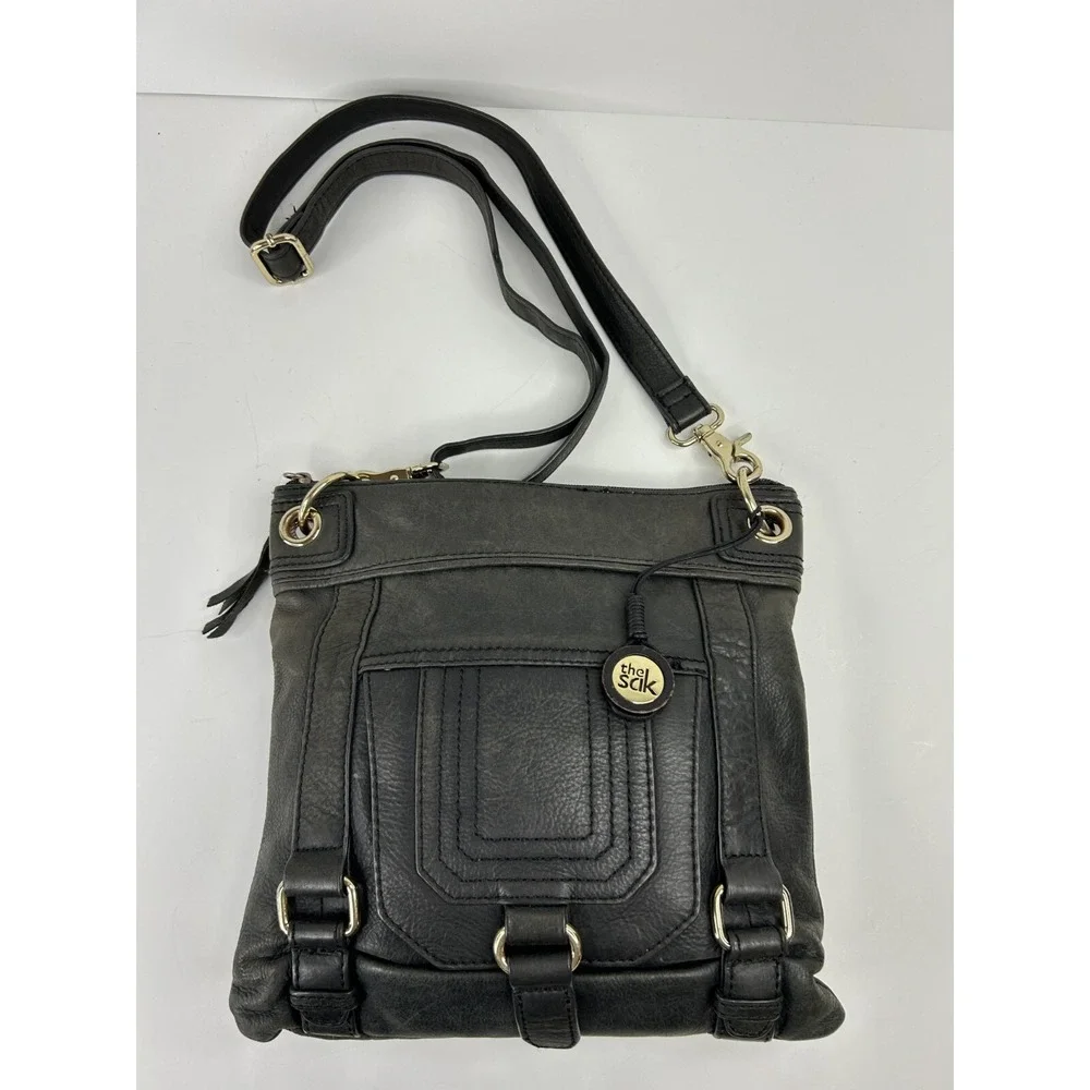 The Sak Peace Free Gray Textured Leather‎ Medium Crossbody Bag Front Organizer